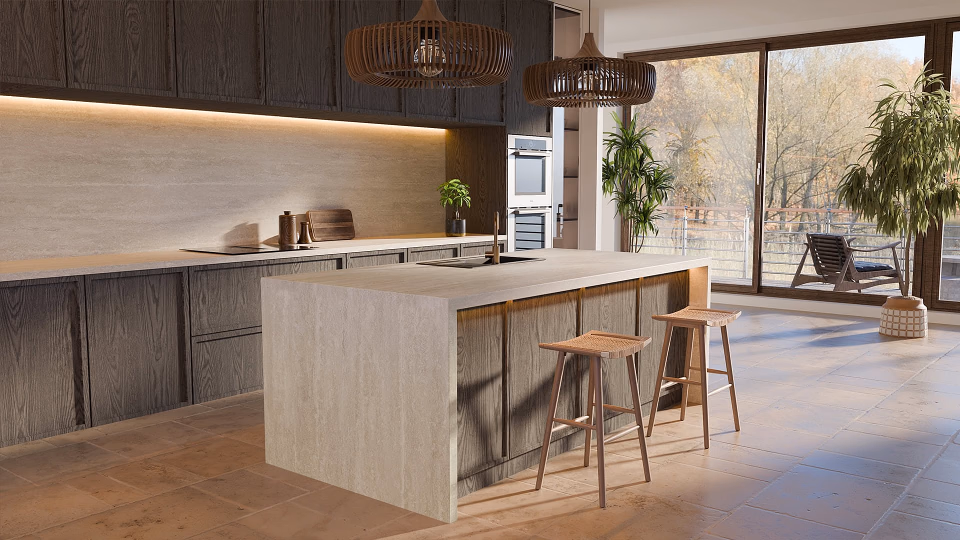 Kitchen island with a travertine-look Çimstone worktop and a waterfall side panel