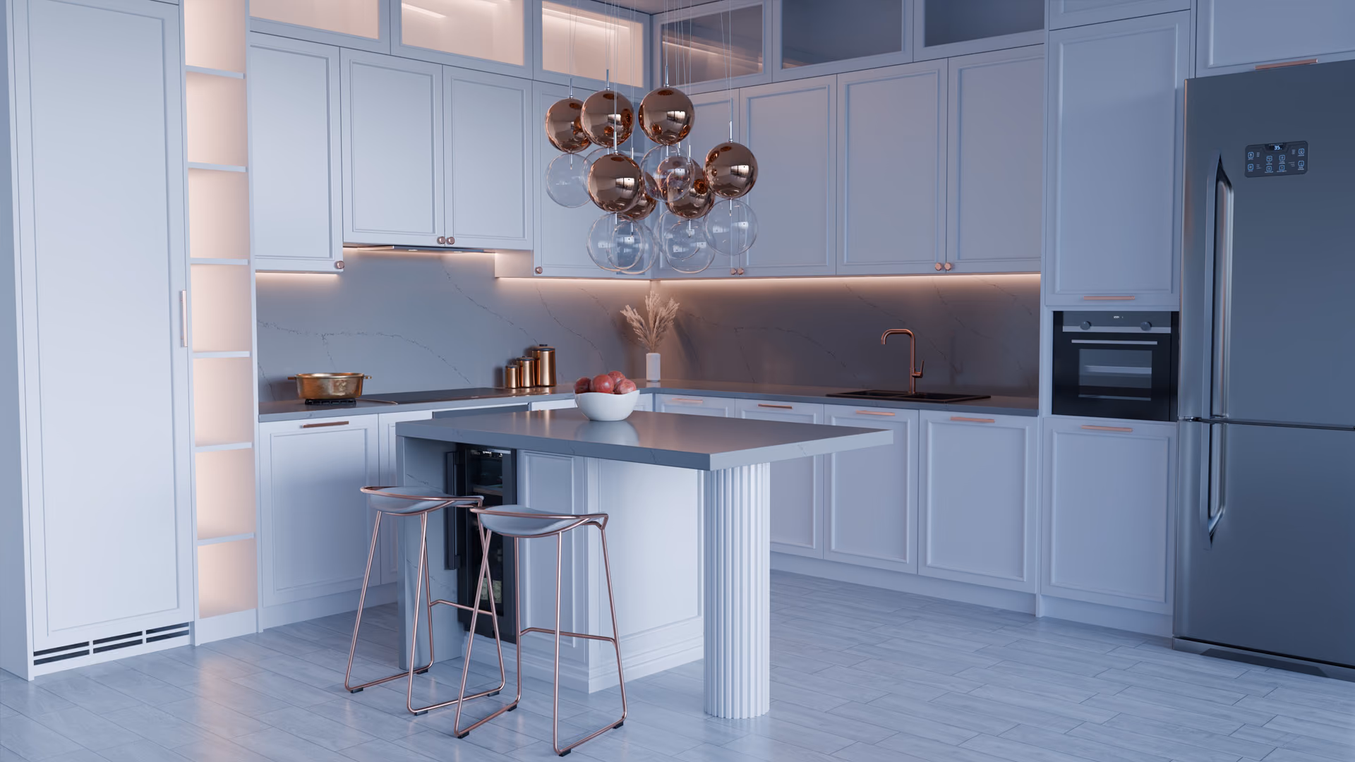 Marble-look Çimstone worktop and splashback in a white kitchen
